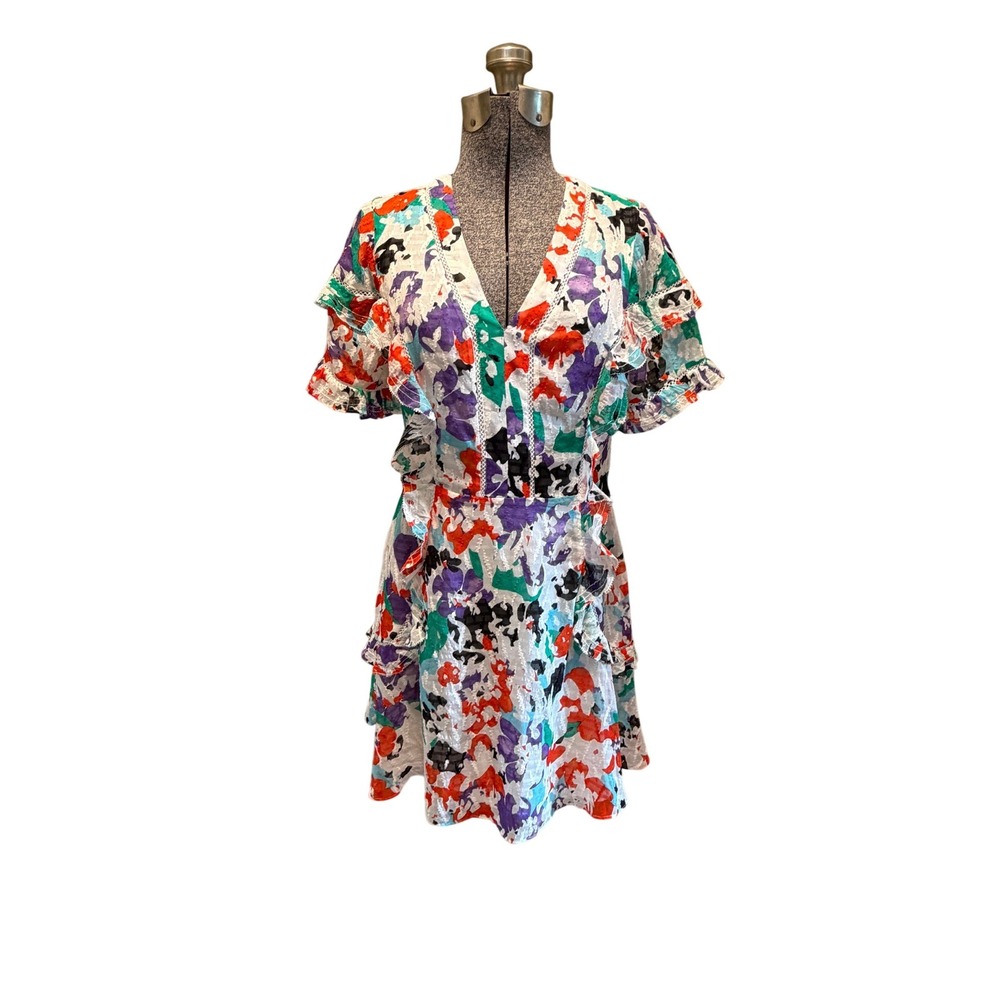 Tanya Taylor Rhett Multi Floral Ruffle V-Neck Mini Dress Womens 2 New - Picture 2 of 15